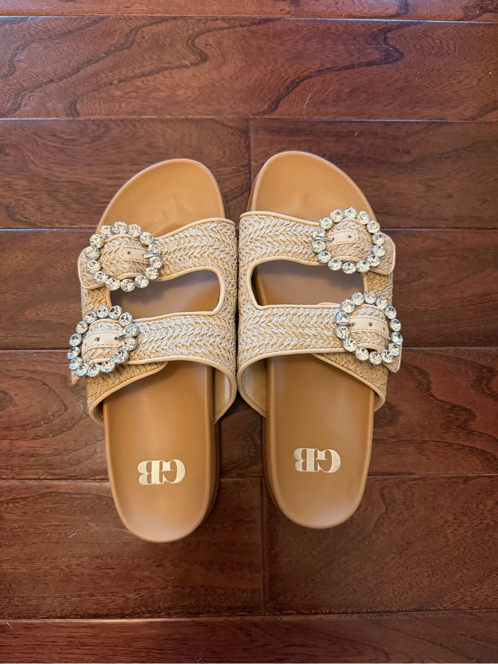 Crystal Buckle Raffia Slide Sandals
